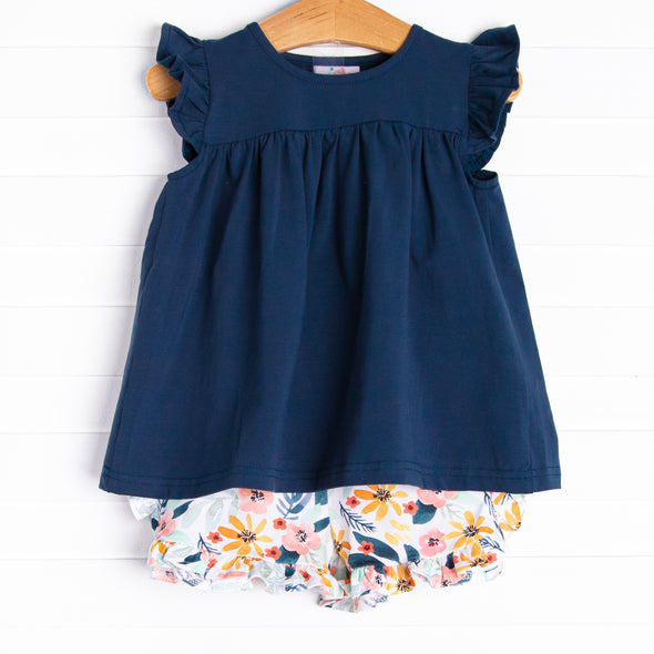 Flower Child Ruffle Short Set, Navy