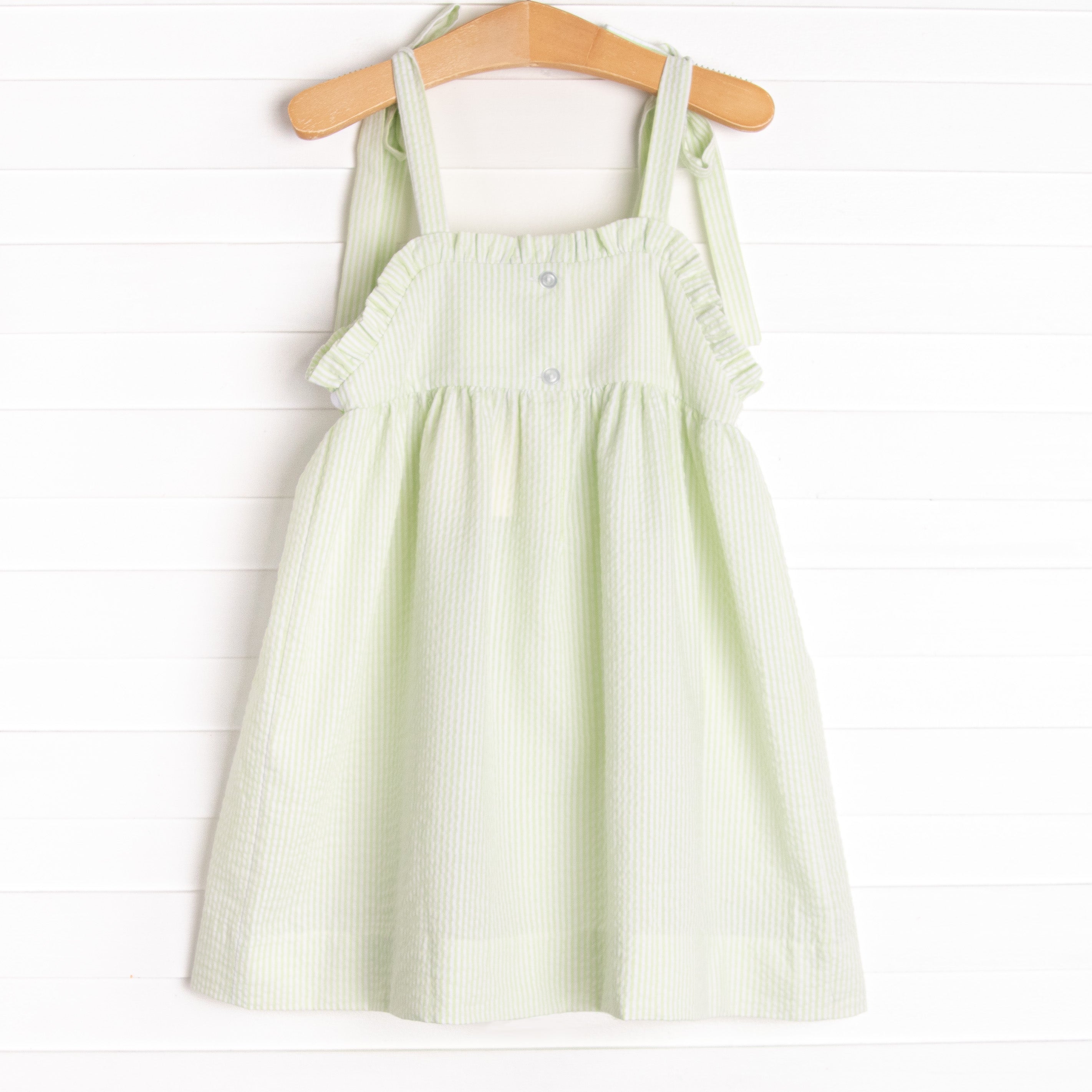 Seaside Shuffle Smocked Dress, Green Seersucker Stitchy Fish Seaside Shuffle Smocked Dress, Green Seersucker Stitchy Fish
