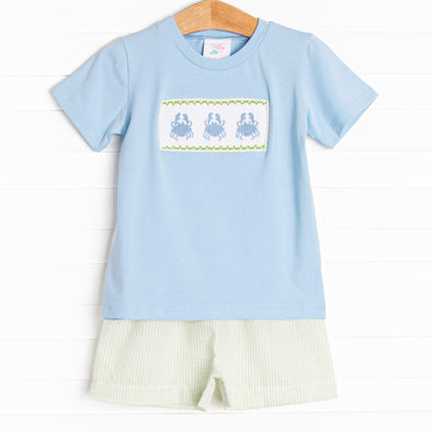 Seaside Shuffle Smocked Short Set, Green Seersucker