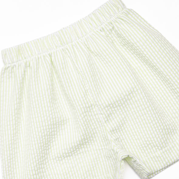 Seaside Shuffle Smocked Short Set, Green Seersucker