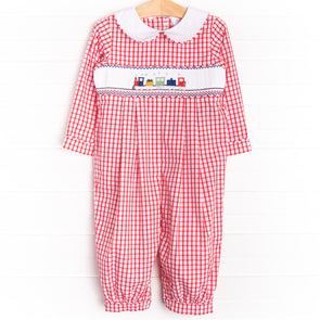 Train Time Smocked Romper, Red