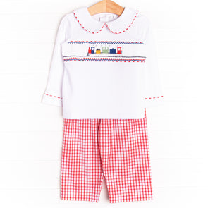 Train Time Smocked Pant Set, White