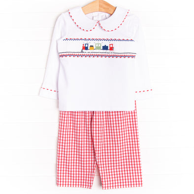 Train Time Smocked Pant Set, White
