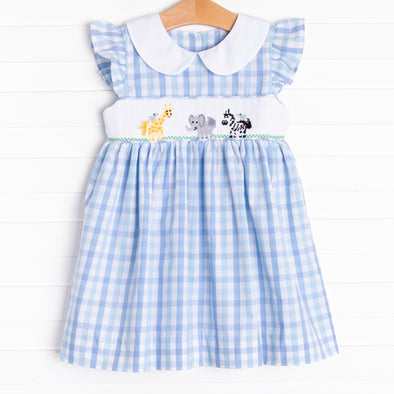 Girl's Day at the Zoo Smocked Dress in Blue Plaid size 8 | Stitchy Fish Girl's Day at the Zoo Smocked Dress in Blue Plaid size 8 | Stitchy Fish