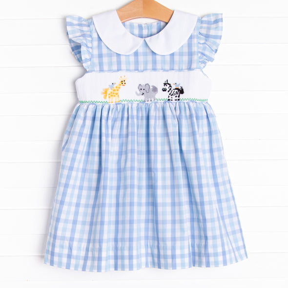 Day at the Zoo Smocked Dress, Blue Plaid