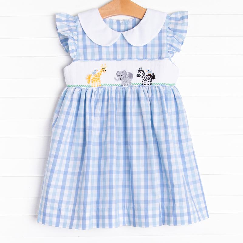 Girl's Day at the Zoo Smocked Dress in Blue Plaid size 8 | Stitchy Fish Girl's Day at the Zoo Smocked Dress in Blue Plaid size 8 | Stitchy Fish