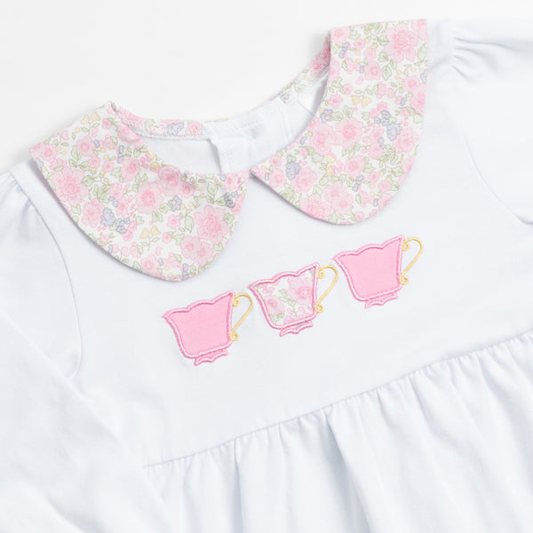 Tiffany Teacup Applique Ruffle Pant Set, Pink