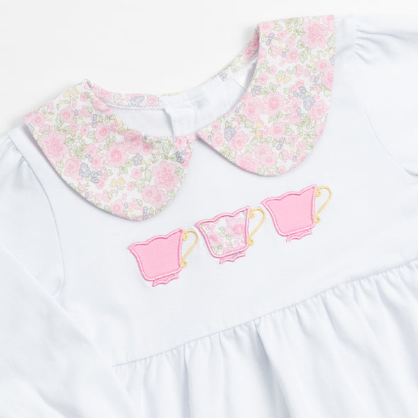 Tiffany Teacup Applique Ruffle Pant Set, Pink