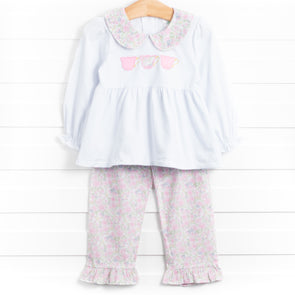 Tiffany Teacup Applique Ruffle Pant Set, Pink