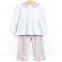 Tiffany Teacup Applique Ruffle Pant Set, Pink