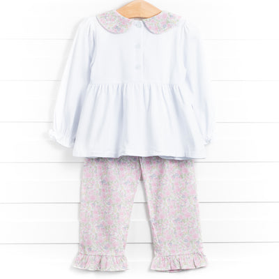 Tiffany Teacup Applique Ruffle Pant Set, Pink