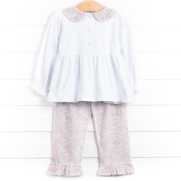 Tiffany Teacup Applique Ruffle Pant Set, Pink