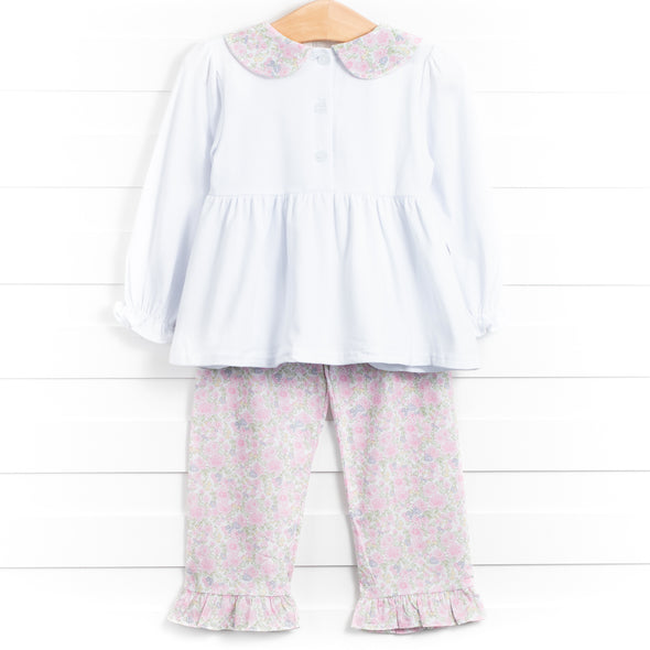 Tiffany Teacup Applique Ruffle Pant Set, Pink