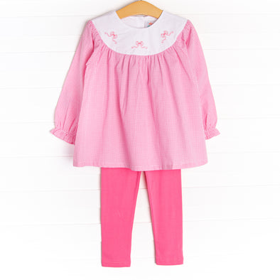 Ribbons and Curls Embroidered Legging Set, Pink Gingham