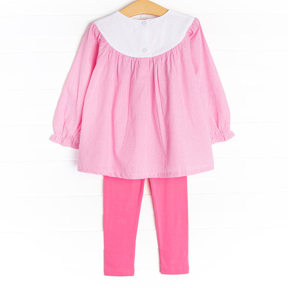 Ribbons and Curls Embroidered Legging Set, Pink Gingham