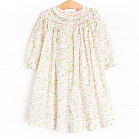 Sky Full of Flowers Smocked Bishop Dress, Pink