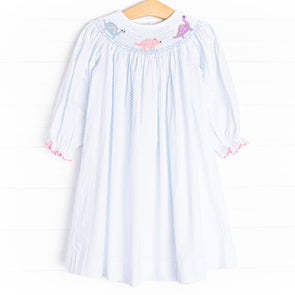 Dino Parade Smocked Dress, Blue