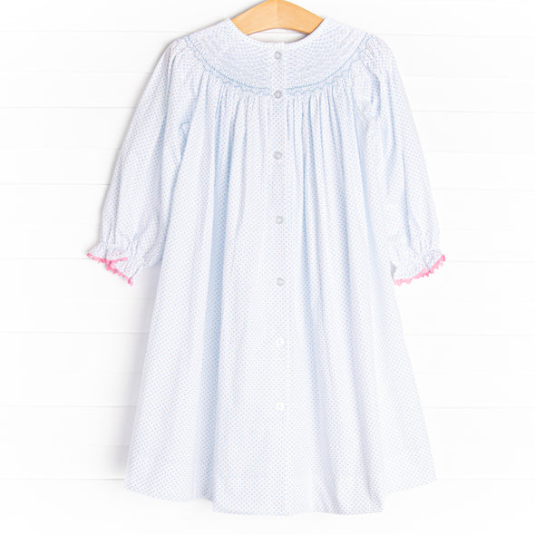Dino Parade Smocked Dress, Blue