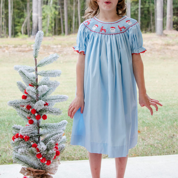 Santa's Coming Smocked Dress, Light Blue