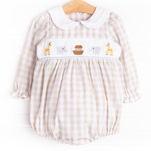 Noah's Ark Smocked Ruffle Bubble, Tan