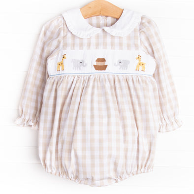 Noah's Ark Smocked Ruffle Bubble, Tan