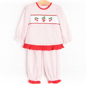 Cherry Picking Smocked Bloomer Pant Set, Red