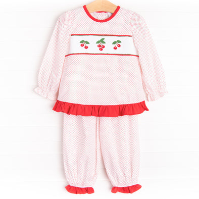 Cherry Picking Smocked Bloomer Pant Set, Red