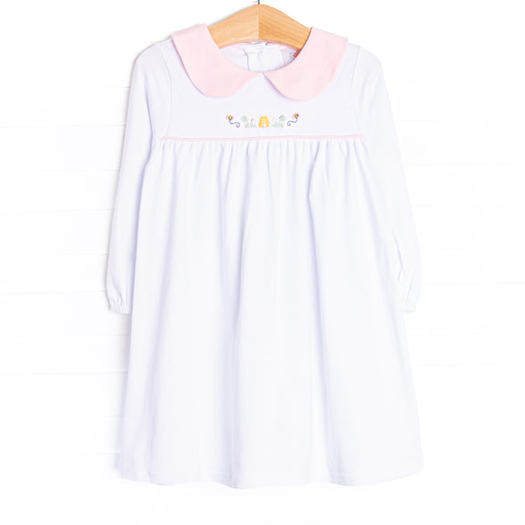 Busy Bees Embroidered Dress, White