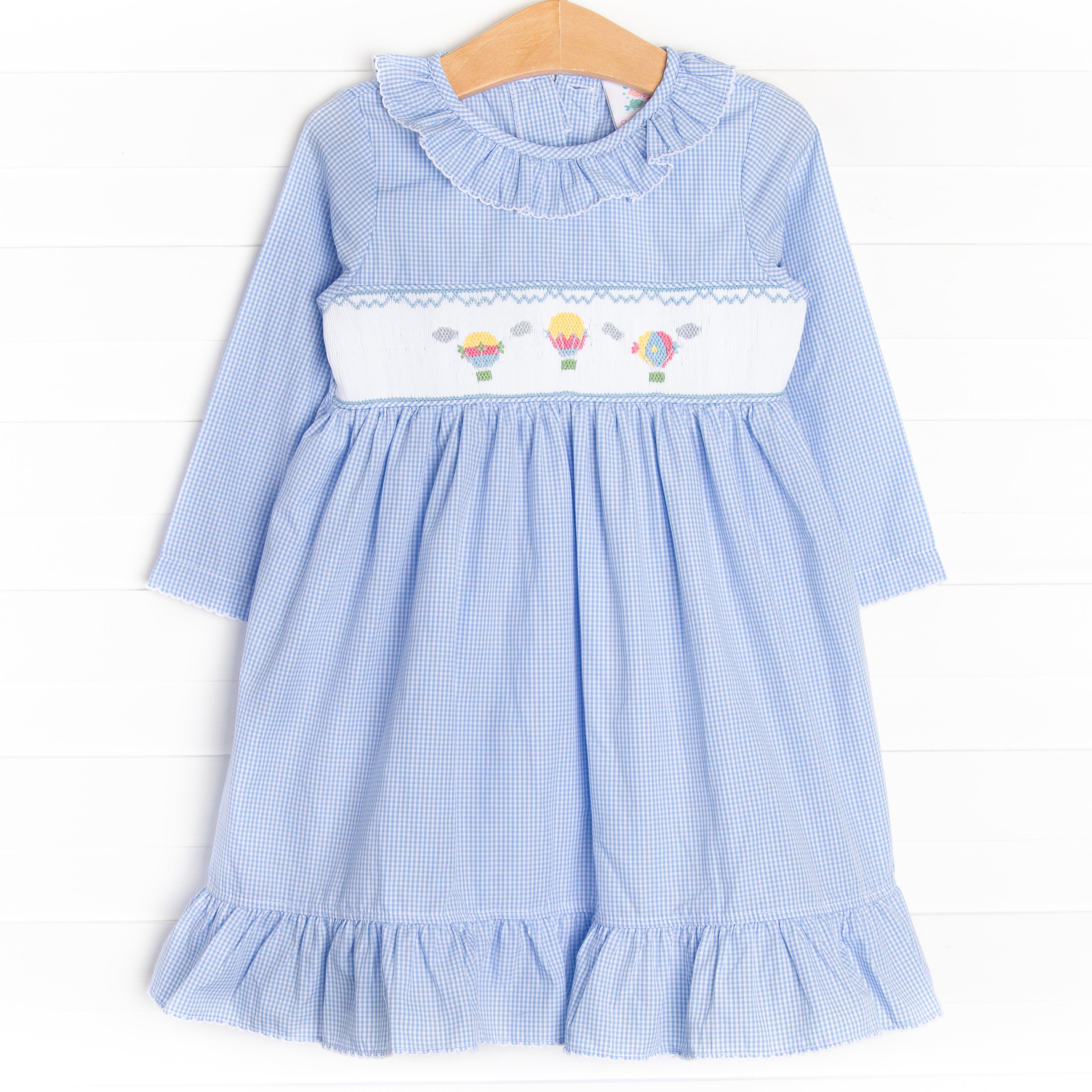 Girl's Balloon Adventures Smocked Dress in Blue size 10 | Stitchy Fish Girl's Balloon Adventures Smocked Dress in Blue size 10 | Stitchy Fish