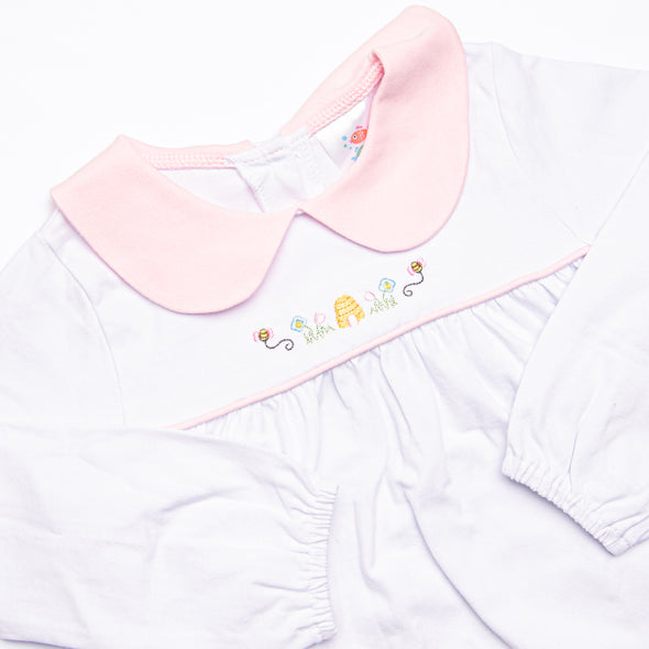 Busy Bees Embroidered Dress, White