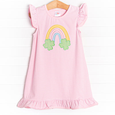 Happy Go Lucky Applique Dress, Pink Stripe