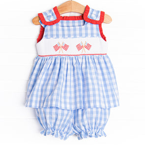 Land of Liberty Smocked Bloomer Set, Blue Check