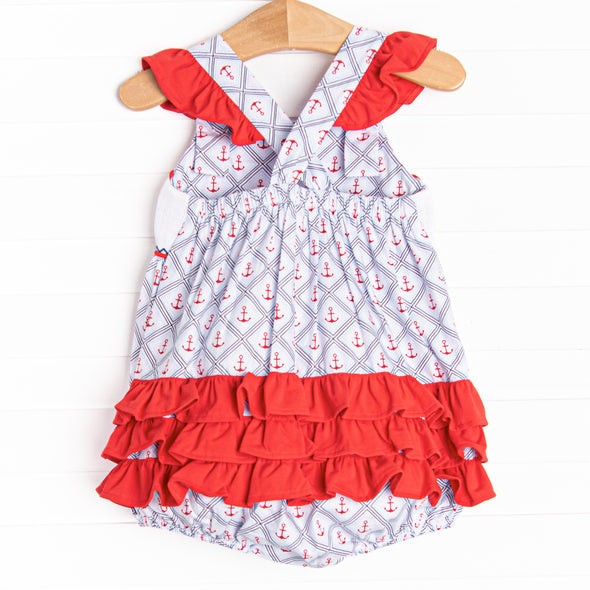 Freedom in the Wind Smocked Ruffle Bubble, Blue