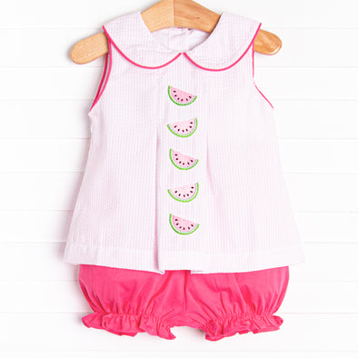 Watermelon Whimsy Embroidered Bloomer Set, Pink