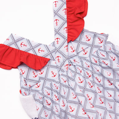 Freedom in the Wind Smocked Ruffle Bubble, Blue