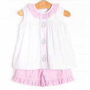 Prize Egg Embroidered Ruffle Short Set, Pink