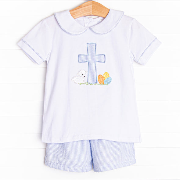 Sunday Gathering Applique Short Set, Blue