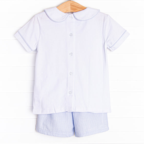 Sunday Gathering Applique Short Set, Blue