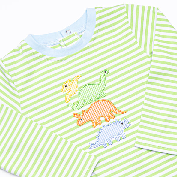 Dino Friends Applique Romper, Green Stripe