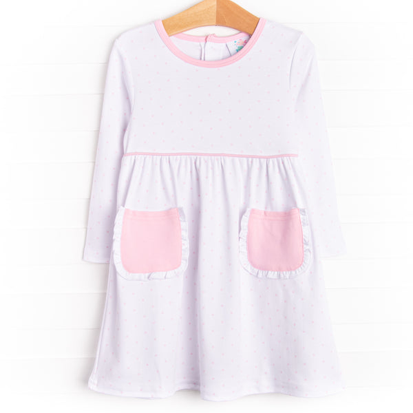 Ella Long Sleeve Pima Dress, Pink Bitty Dot