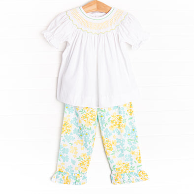 Ophelia Orchid Smocked Ruffle Pant Set, Yellow