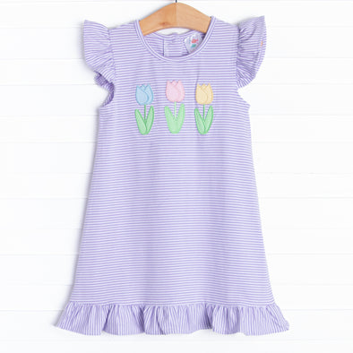 Spring Blooms Applique Dress, Purple Stripe