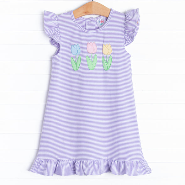 Spring Blooms Applique Dress, Purple Stripe