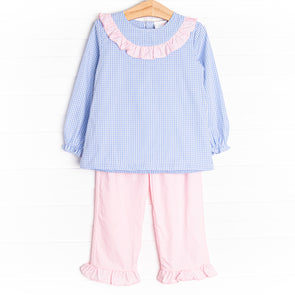 Southern Charm Ruffle Pant Set, Blue Gingham