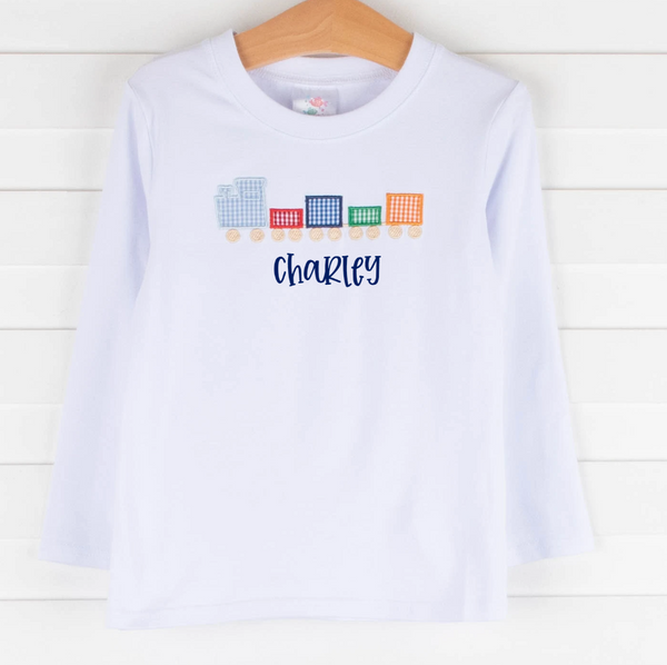 Gingham Train Applique Long Sleeve Shirt, White