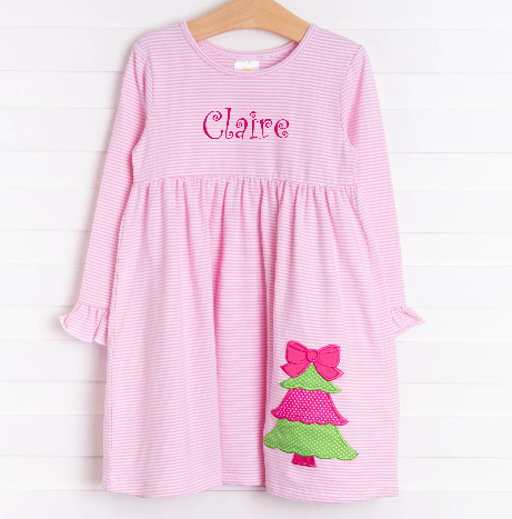Rockin Around the Christmas Tree Applique Ruffle Dress, Pink Stripe