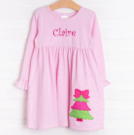 Rockin Around the Christmas Tree Applique Ruffle Dress, Pink Stripe – Stitchy Fish Rockin Around the Christmas Tree Applique Ruffle Dress, Pink Stripe – Stitchy Fish
