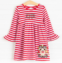 Rudy Reindeer Applique Dress, Red Stripe