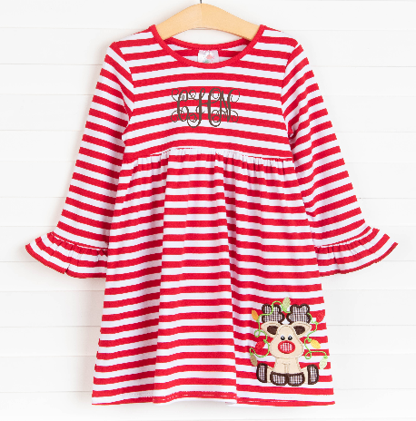 Rudy Reindeer Applique Dress, Red Stripe