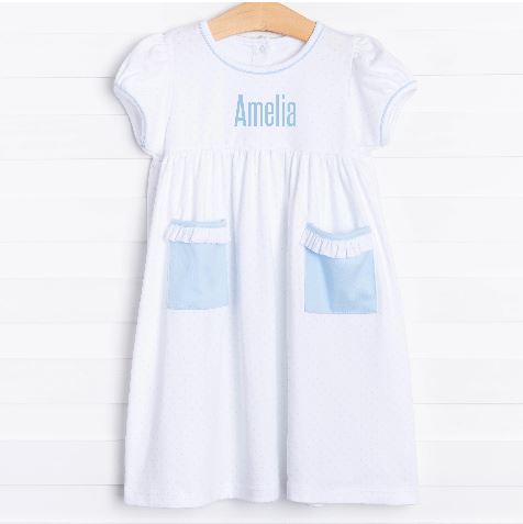 Girl's Macy Pima Popover Dress with Pockets in Blue Size 18M | Stitchy Fish Girl's Macy Pima Popover Dress with Pockets in Blue Size 18M | Stitchy Fish